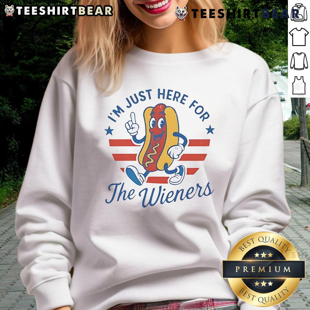 Funny 'Im Just Here for the Wieners' 4th of July sweatshirt featuring a hot dog design for festive celebrations.