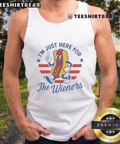 Alt Text: Funny 'Im Just Here for the Wieners' 4th of July hot dog tank top, perfect for summer barbecues and festive celebrations.
