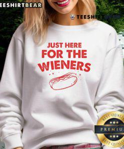 Funny Just Here for the Wieners hot dog sweatshirt for 4th of July celebrations, featuring patriotic design and humor.