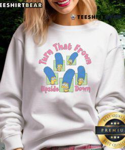 Funny The Simpsons Marge 'Turn That Frown Upside Down' sweatshirt featuring Marge Simpson's iconic smile design.