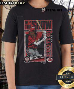 Good MLB The Show Reds Elly De La Cruz ladies tee featuring vibrant graphics and a stylish fit for baseball fans.