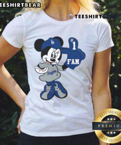 Good Minnie LA Dodgers Minnie Mouse fan wearing a Dodgers baseball ladies tee, showcasing team spirit and style.