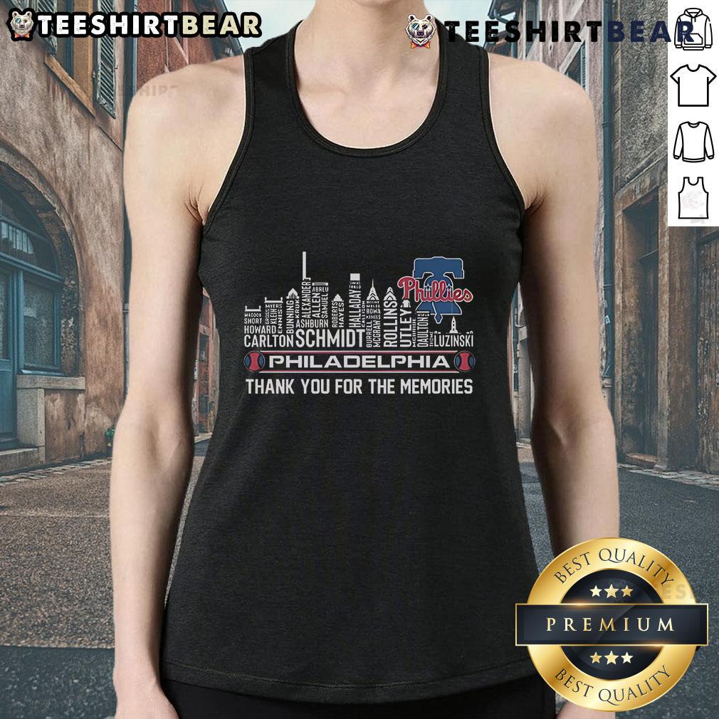 Good Philadelphia Phillies skyline tank top celebrating the team's legacy with a heartfelt 'Thank You For The Memories' design.