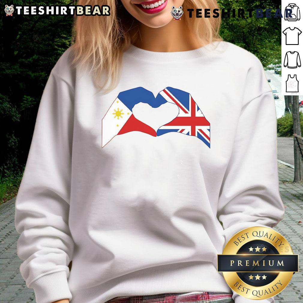 Good We Heart Philippines and UK Patriot Series Love Hand Sweatshirt design featuring a colorful heart and patriotic symbols.