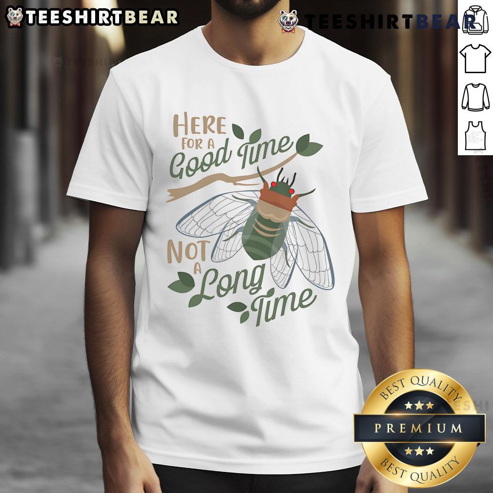Alt Text: Happy 'Cicadas Here For A Good Time T-Shirt' featuring vibrant cicada graphics on a comfortable tee, perfect for summer.