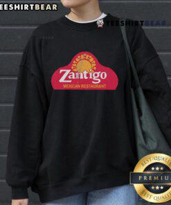 Alt Text: Cozy Happy Zantigo Mexican Restaurant sweatshirt featuring vibrant colors and logo, perfect for casual dining lovers.