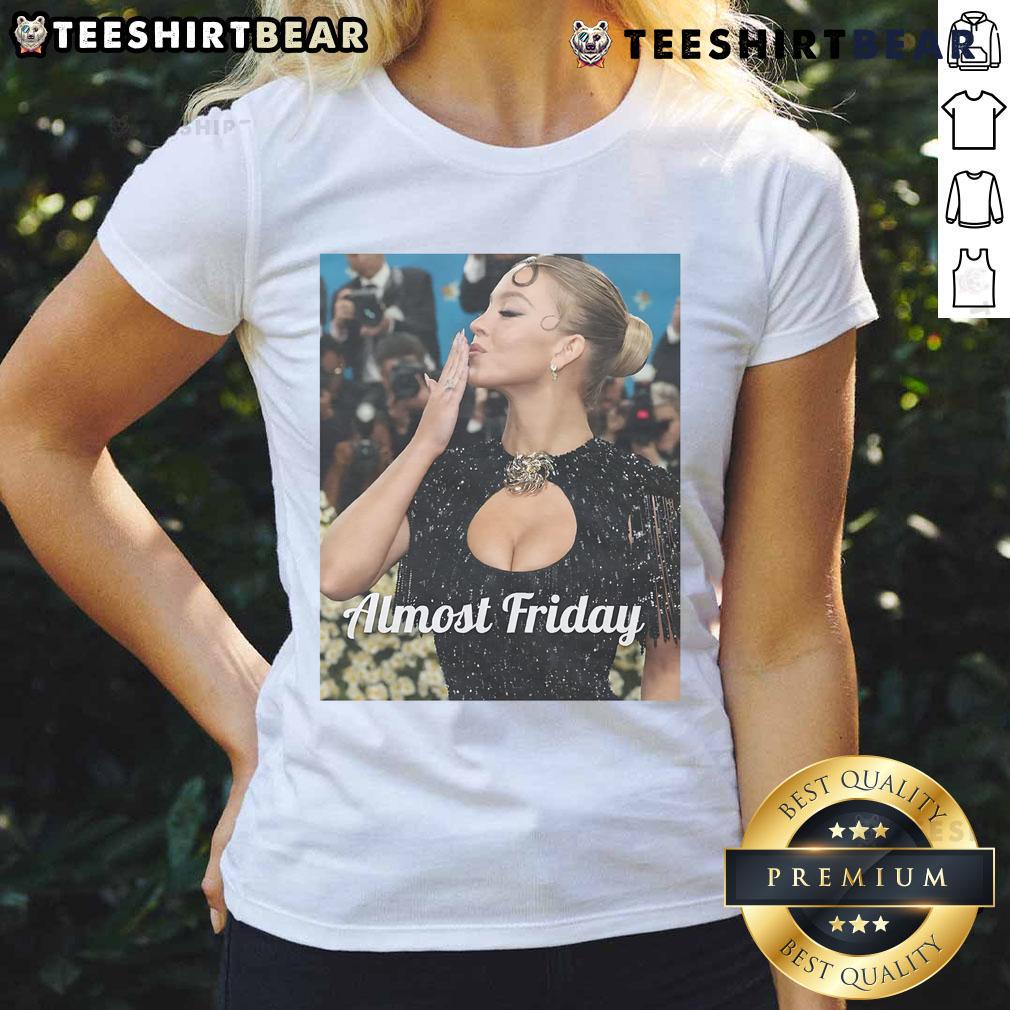 Hot Sydney Sweeney at Met Gala wearing Almost Friday Ladies Tee, showcasing her stylish look and event elegance.
