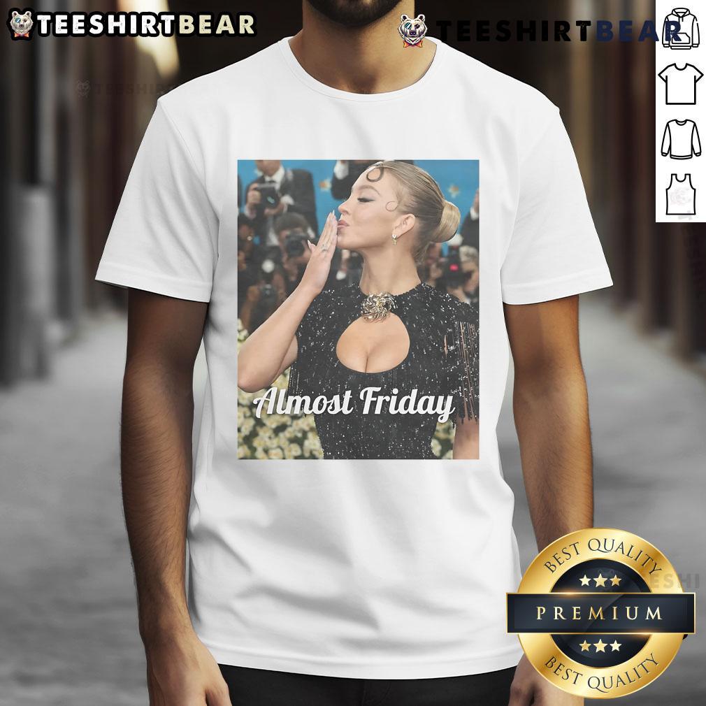 Hot Sydney Sweeney Met Gala Almost Friday T-Shirt featuring stylish design and trendy colors, perfect for fashion enthusiasts.