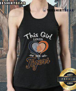 Girl wearing a Detroit Tigers heart fingerprint tank top, showcasing her love for the team and stylish fan fashion.
