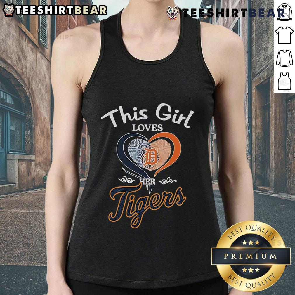 Girl wearing a Detroit Tigers heart fingerprint tank top, showcasing her love for the team and stylish fan fashion.