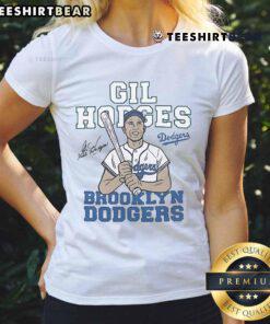 Alt Text: Nice Gil Hodges Brooklyn Los Angeles Dodgers signature ladies tee featuring vintage design and team colors.