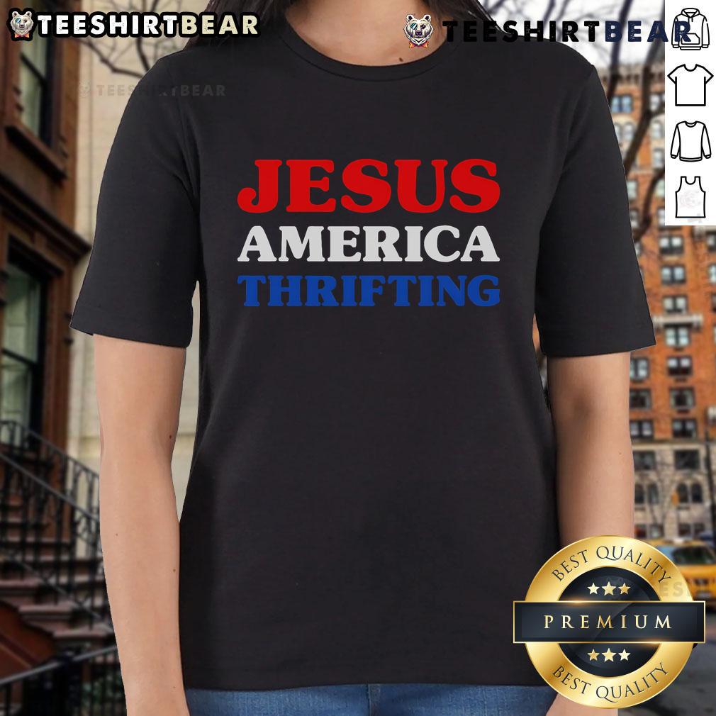 Womens Nice Jesus America Thrifting Tee featuring a stylish design, perfect for casual outings and thrift store lovers.