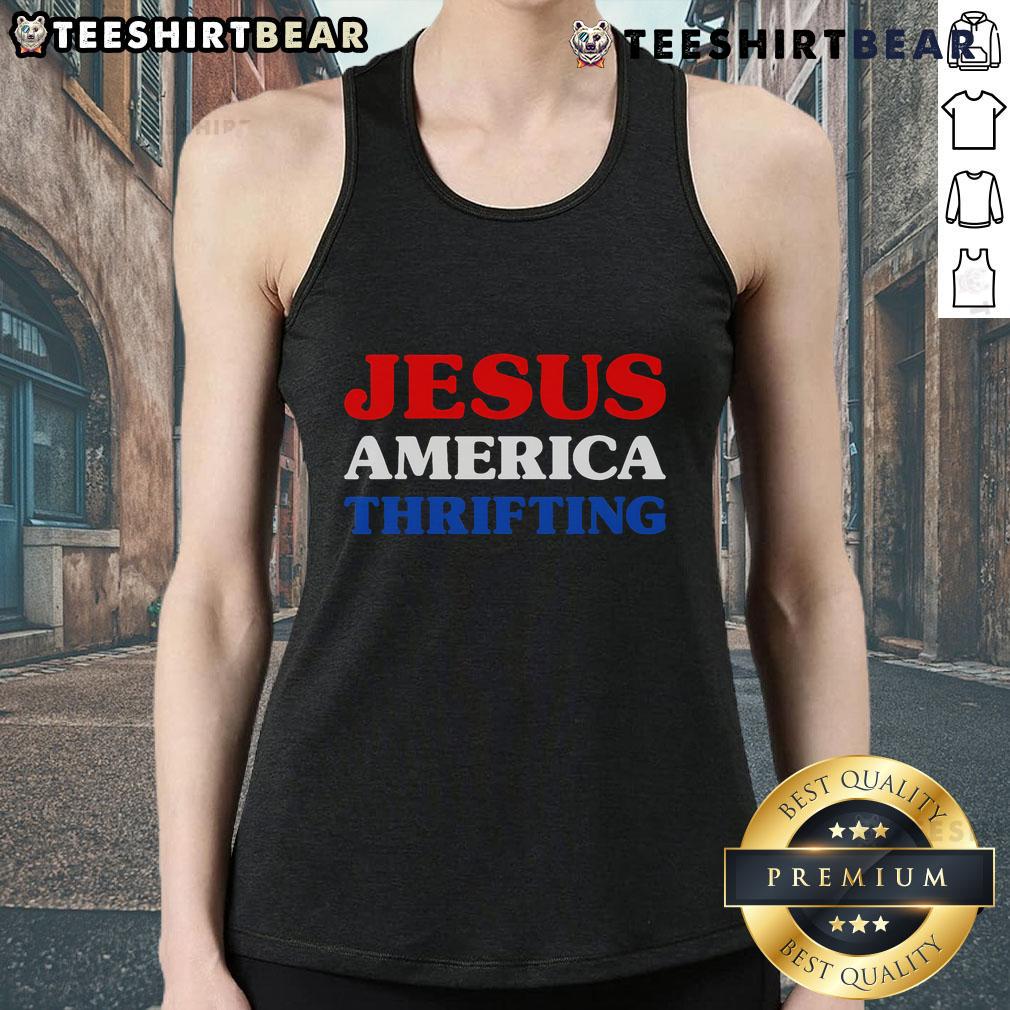 Nice Jesus America thrifting tank top featuring a bold graphic design, perfect for casual summer outfits and thrift lovers.