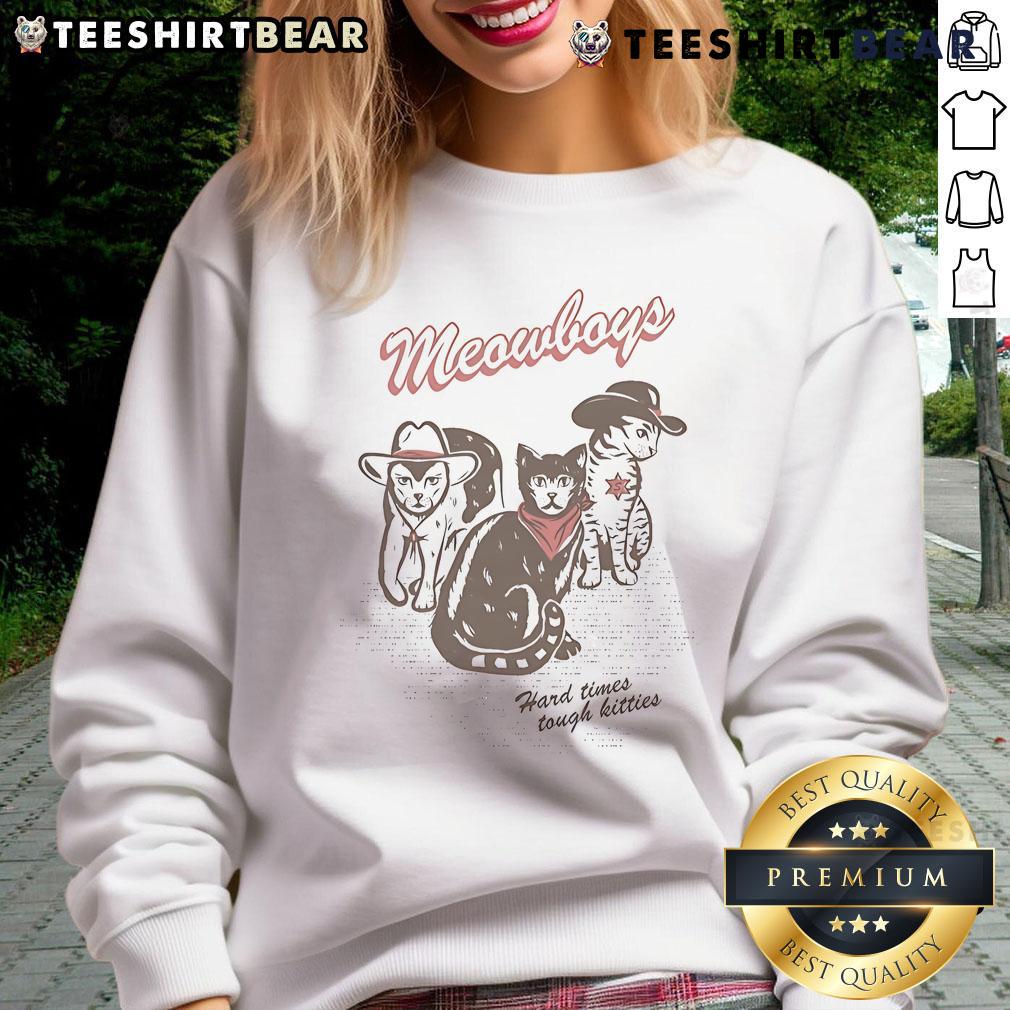 Nice Joywave Meowboys Hard Times Tough Kitties sweatshirt featuring playful cat graphics and vibrant colors.