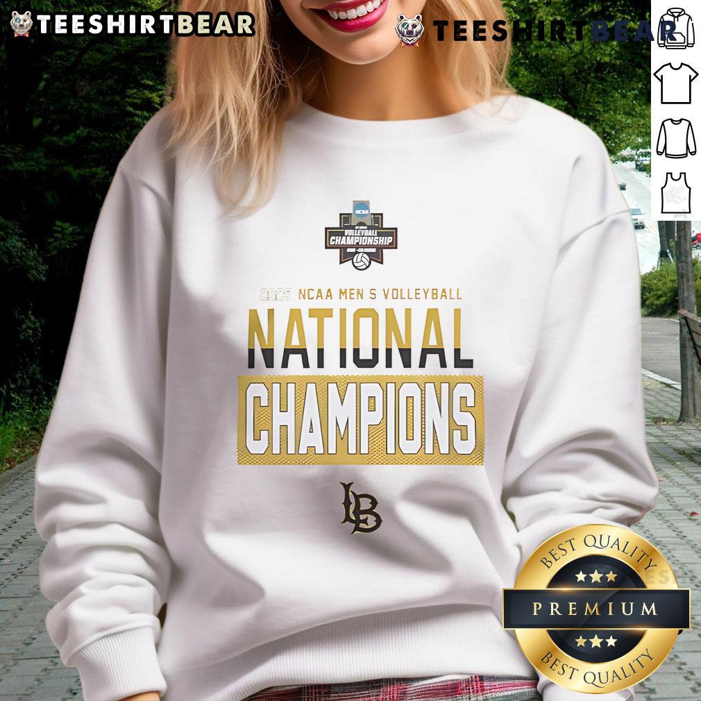 2025 NCAA Men's Volleyball National Champions sweatshirt featuring Nice Long Beach State logo and vibrant team colors.