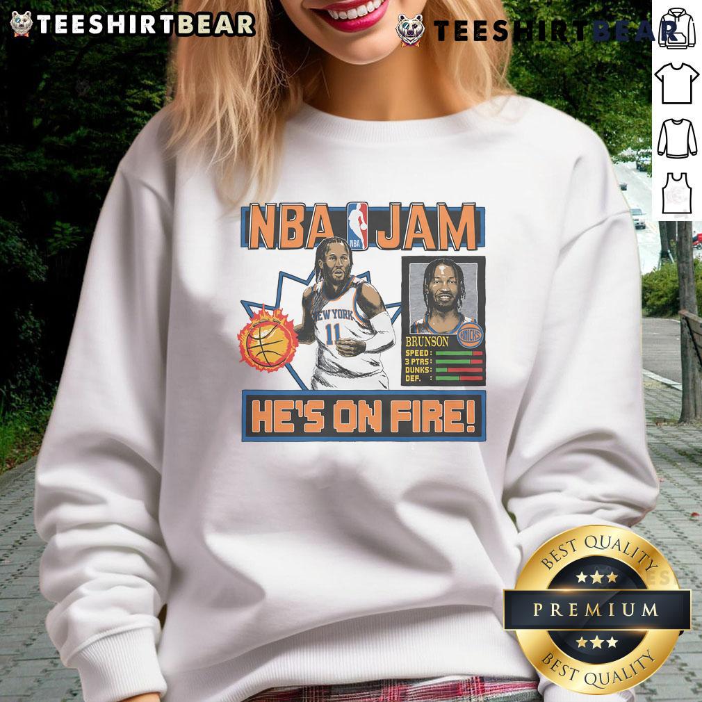 Jalen Brunson Knicks sweatshirt featuring NBA Jam design, perfect for fans and stylish sportswear enthusiasts.