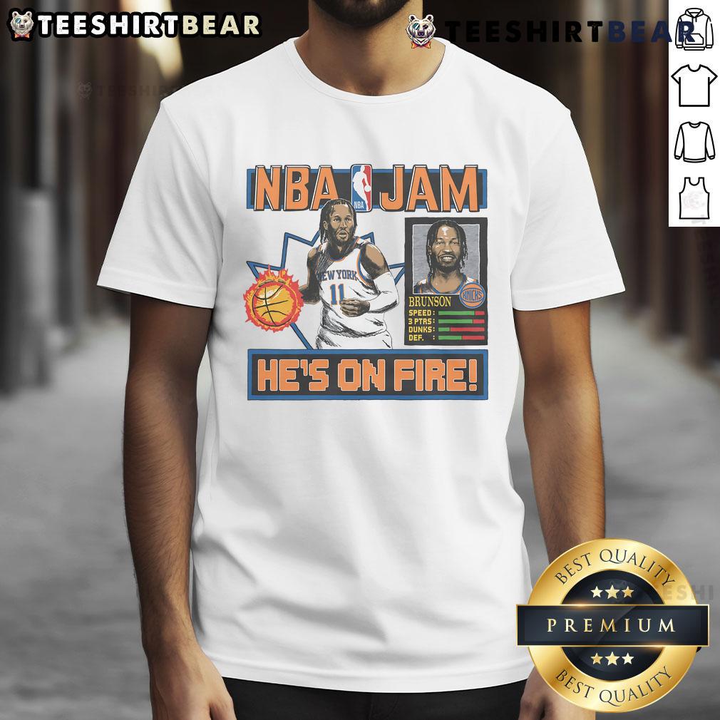 Nice NBA Jam Knicks Jalen Brunson T-Shirt featuring vibrant graphics and team colors, perfect for basketball fans.