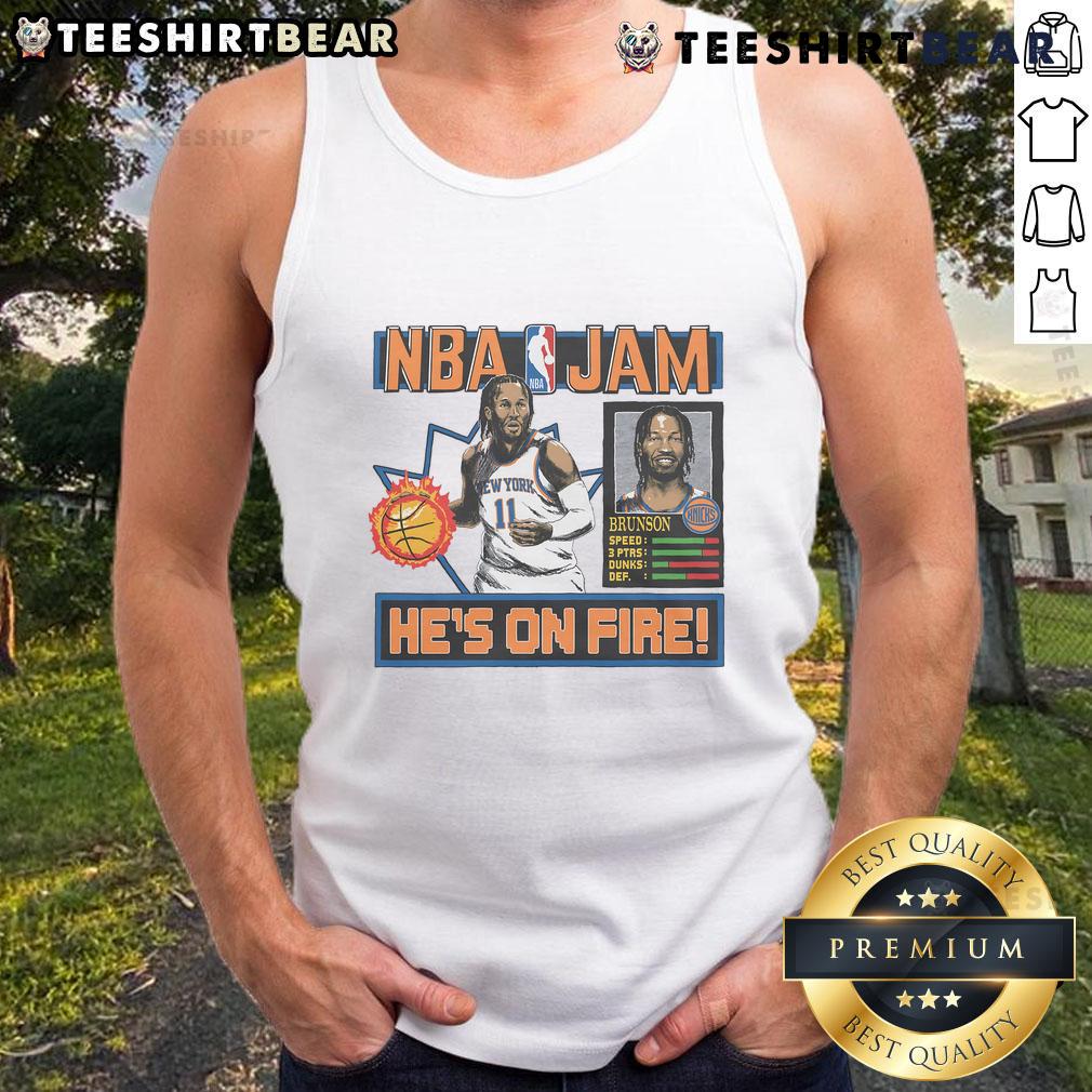 Alt Text: Stylish Nice NBA Jam Knicks Jalen Brunson tank top featuring vibrant graphics and team colors perfect for fans.