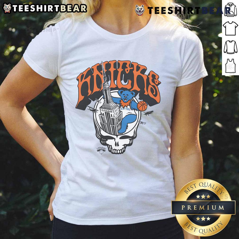 Stylish Nice New York Knicks x Grateful Dead Skull ladies tee featuring vibrant graphics and comfortable fit.