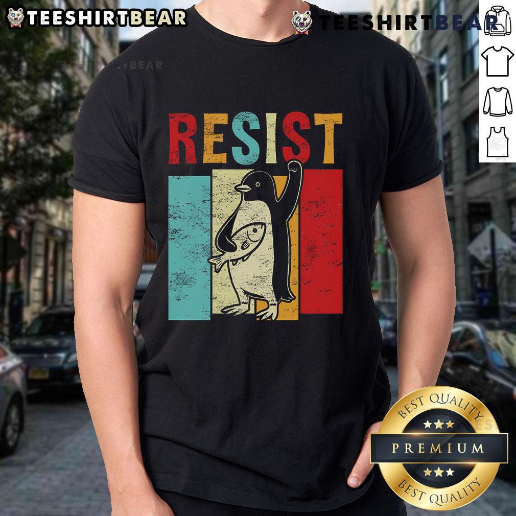 Nice Resist Resistance Penguin USA activism freedom protest t-shirt featuring a bold penguin graphic and vibrant colors.