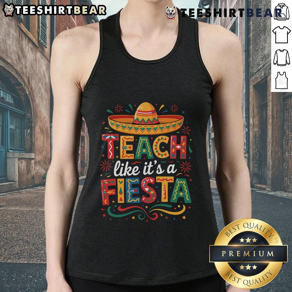 Teacher wearing a Cinco de Mayo tank top with a sombrero, celebrating a festive classroom vibe for a lively learning experience.