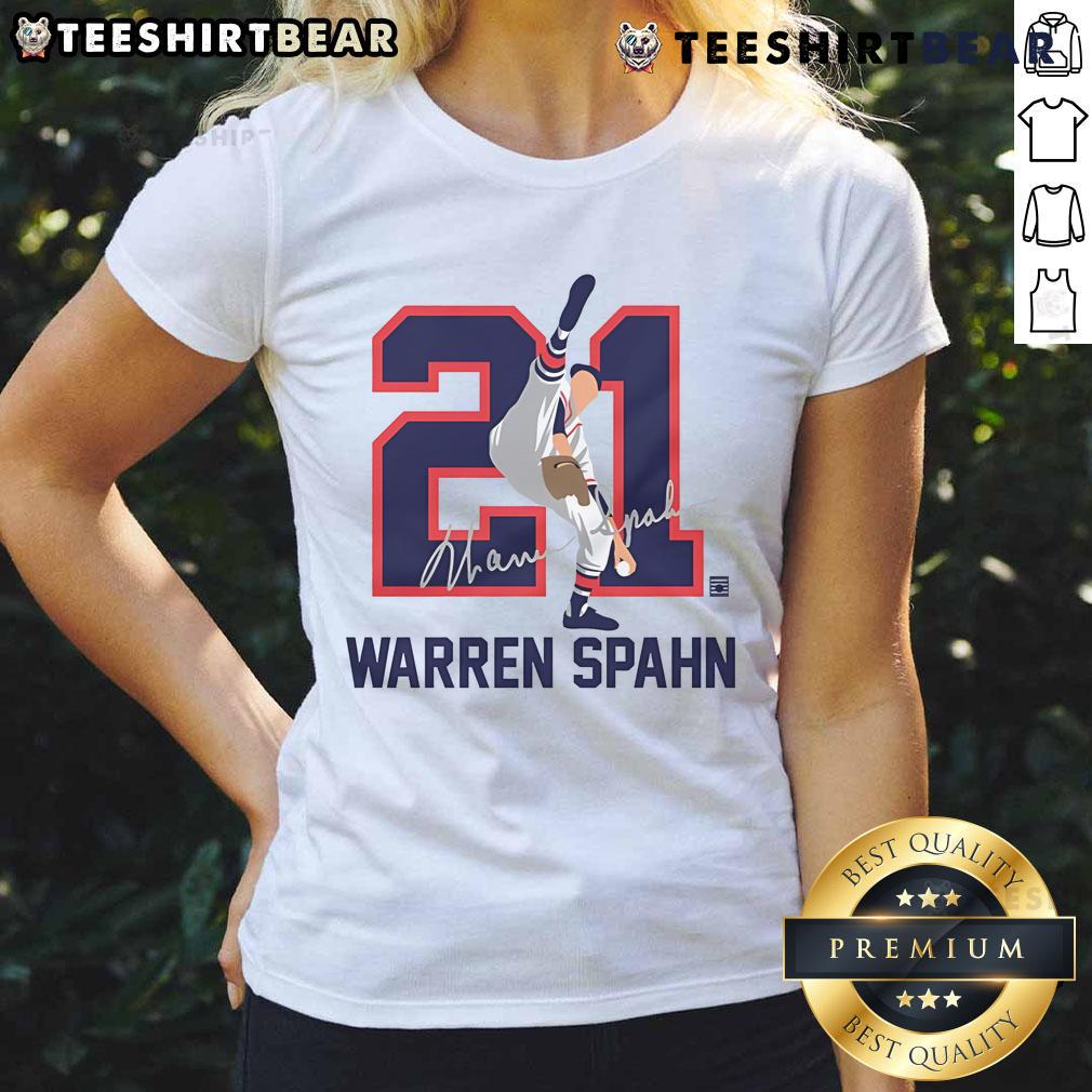 Alt Text: Ladies tee featuring Warren Spahn's signature, a Baseball Hall of Fame member, in stylish team brown design.