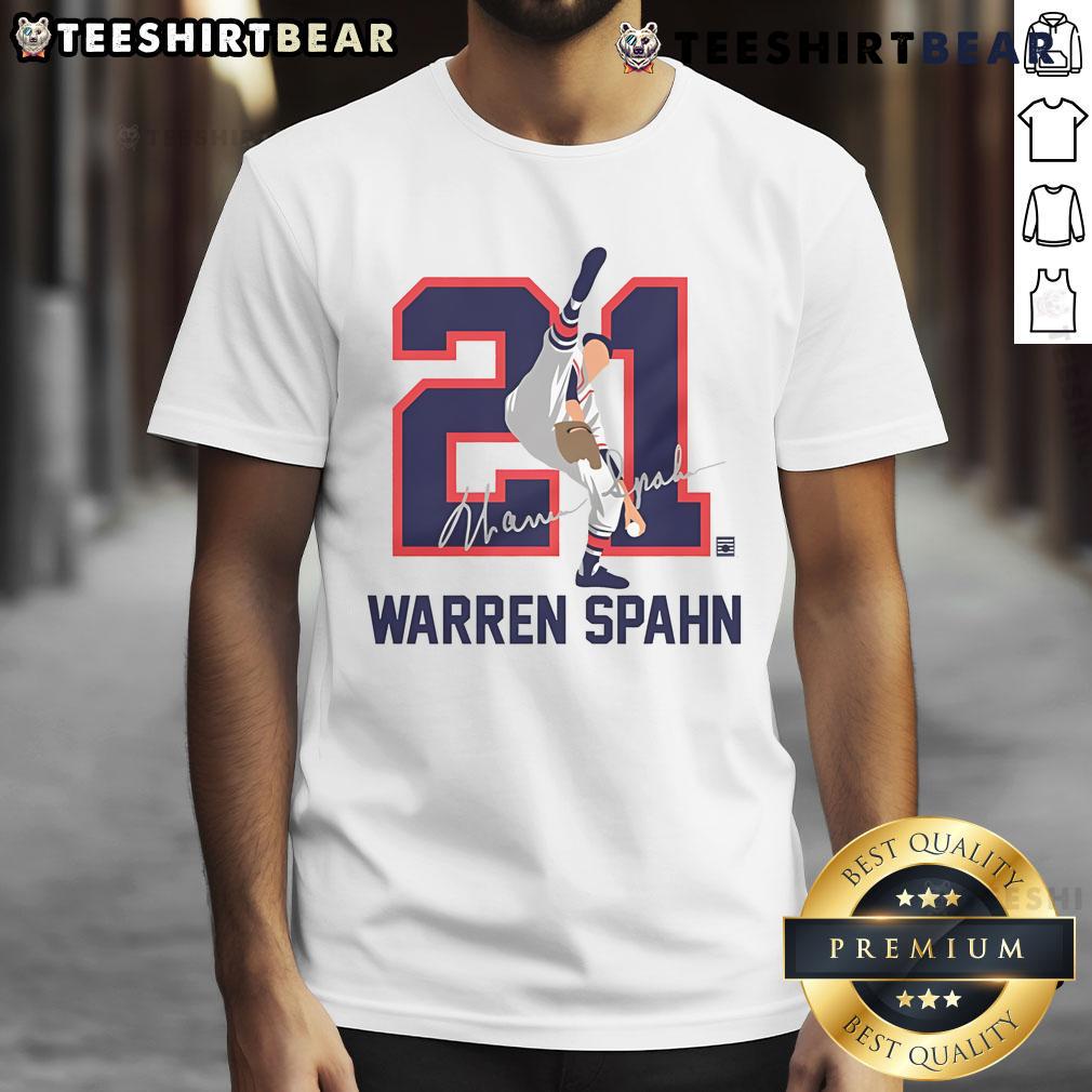 Alt Text: Nice Teambrown Warren Spahn Baseball Hall Of Fame member signature t-shirt displayed on a hanger.