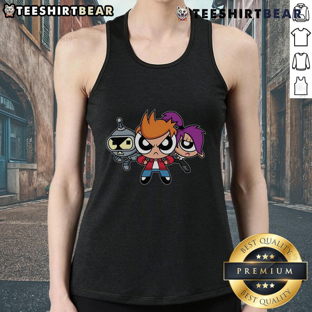 Alt Text: Nice The Planetpuff Express Futurama tank top featuring vibrant colors and iconic cartoon design for fans.