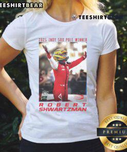Official 2025 Indy 500 Pole Winner Robert Shwartzman wearing a stylish ladies tee, showcasing race day excitement.