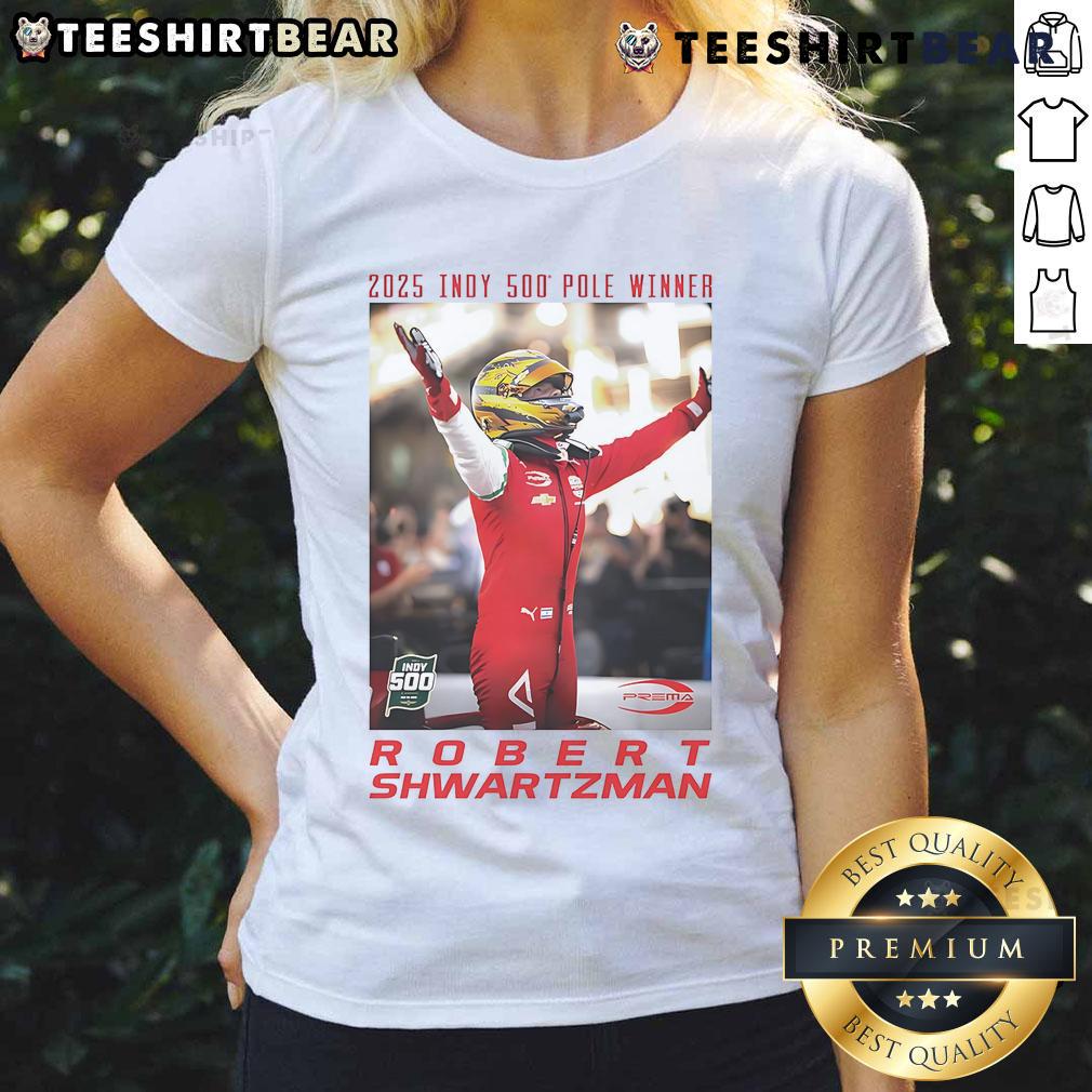 Official 2025 Indy 500 Pole Winner Robert Shwartzman wearing a stylish ladies tee, showcasing race day excitement.