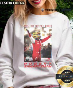 Robert Shwartzman wearing the official 2025 Indy 500 pole winner sweatshirt, showcasing racing pride and style.
