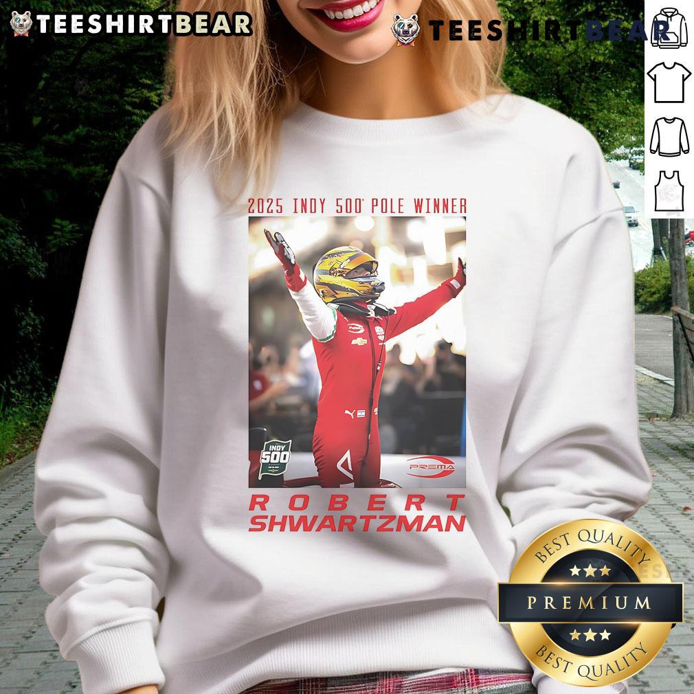 Robert Shwartzman wearing the official 2025 Indy 500 pole winner sweatshirt, showcasing racing pride and style.