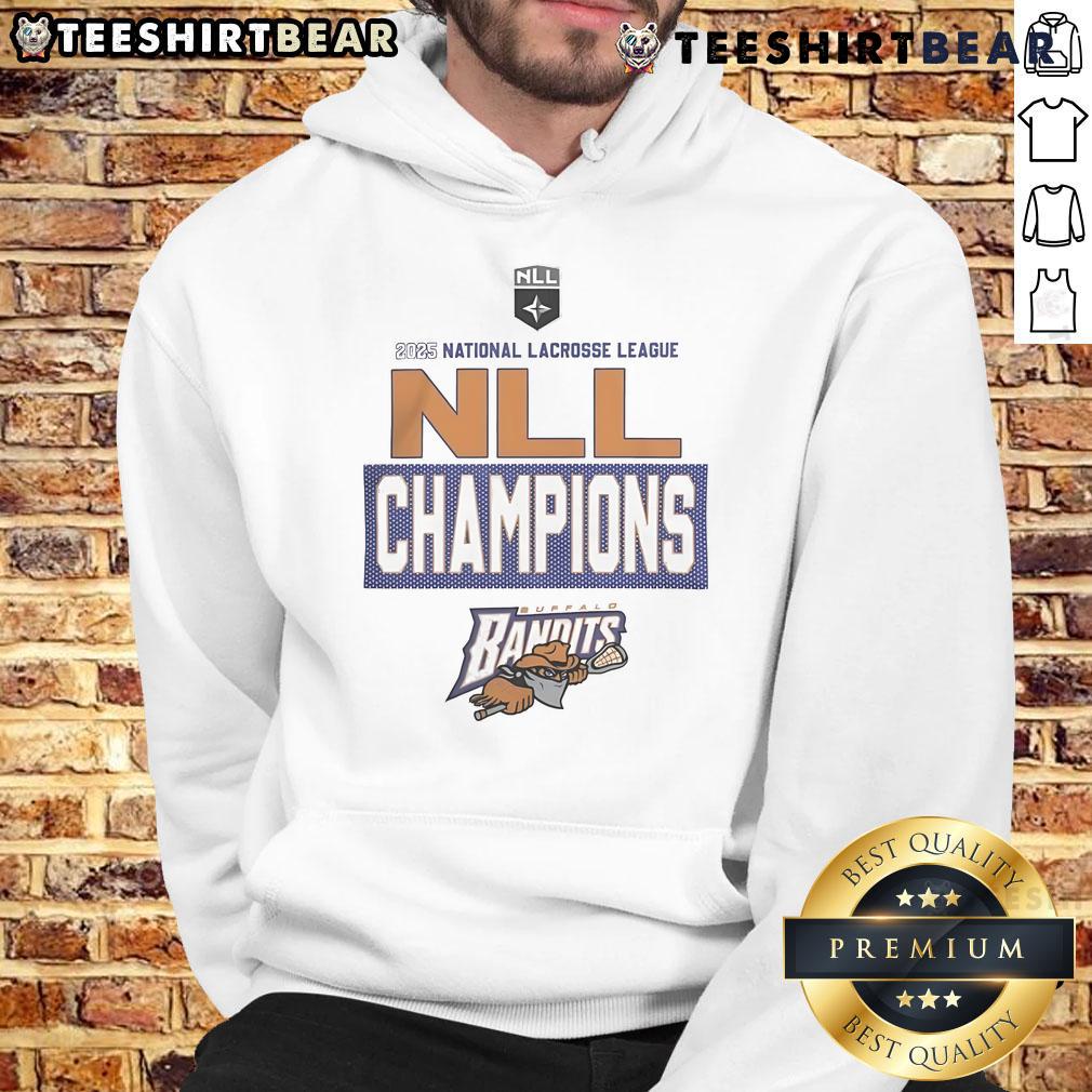 Alt Text: Official Buffalo Bandits 2025 NLL Cup Champions hoodie featuring a bold locker room logo design.