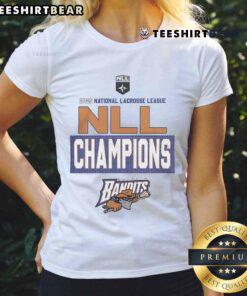 Alt Text: Official Buffalo Bandits 2025 NLL Cup Champions logo on a ladies' tee, celebrating the team's victory in lacrosse.