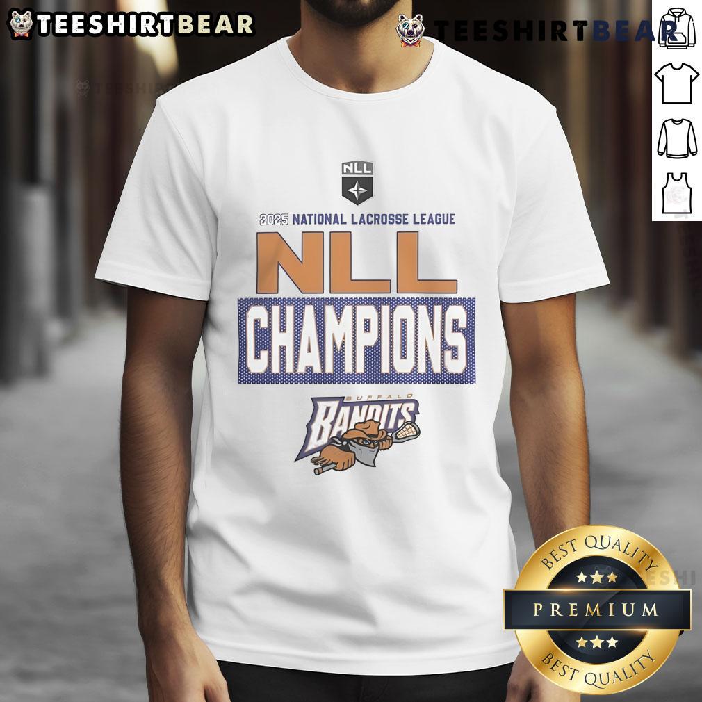Alt Text: Official Buffalo Bandits 2025 NLL Cup Champions locker room logo t-shirt showcasing team pride and victory.