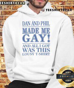 Official Dan and Phil Made Me Gay hoodie displayed on a hanger, showcasing its unique design and vibrant colors.