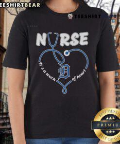 Alt Text: Official Detroit Tigers 'It's a Work of Heart' ladies tee showcasing team spirit with stylish design.