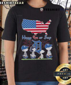 Official Detroit Tigers Snoopy and Friends Happy 4th of July flag design on a women's tee shirt.