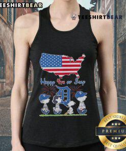Alt Text: Official Detroit Tigers Snoopy and Friends 4th of July tank top featuring American flag design, perfect for summer festivities.