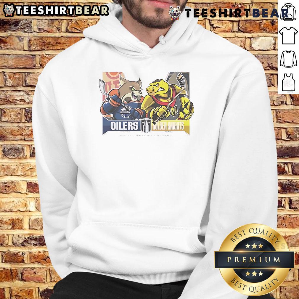 Official Edmonton Oilers vs Vegas Golden Knights 2025 hoodie featuring team logos for the Western Conference matchup.