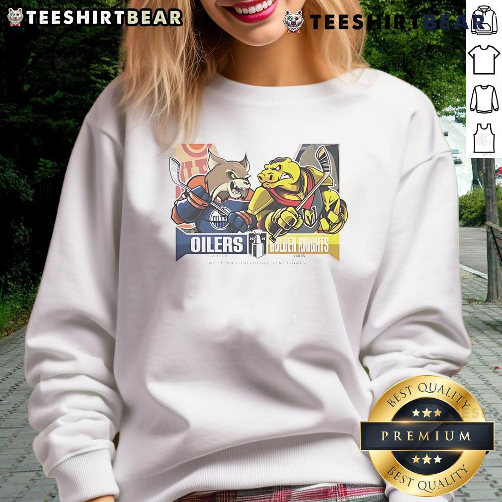 Official Edmonton Oilers vs Vegas Golden Knights 2025 2nd Round Western Conference Sweatshirt, featuring team logos.