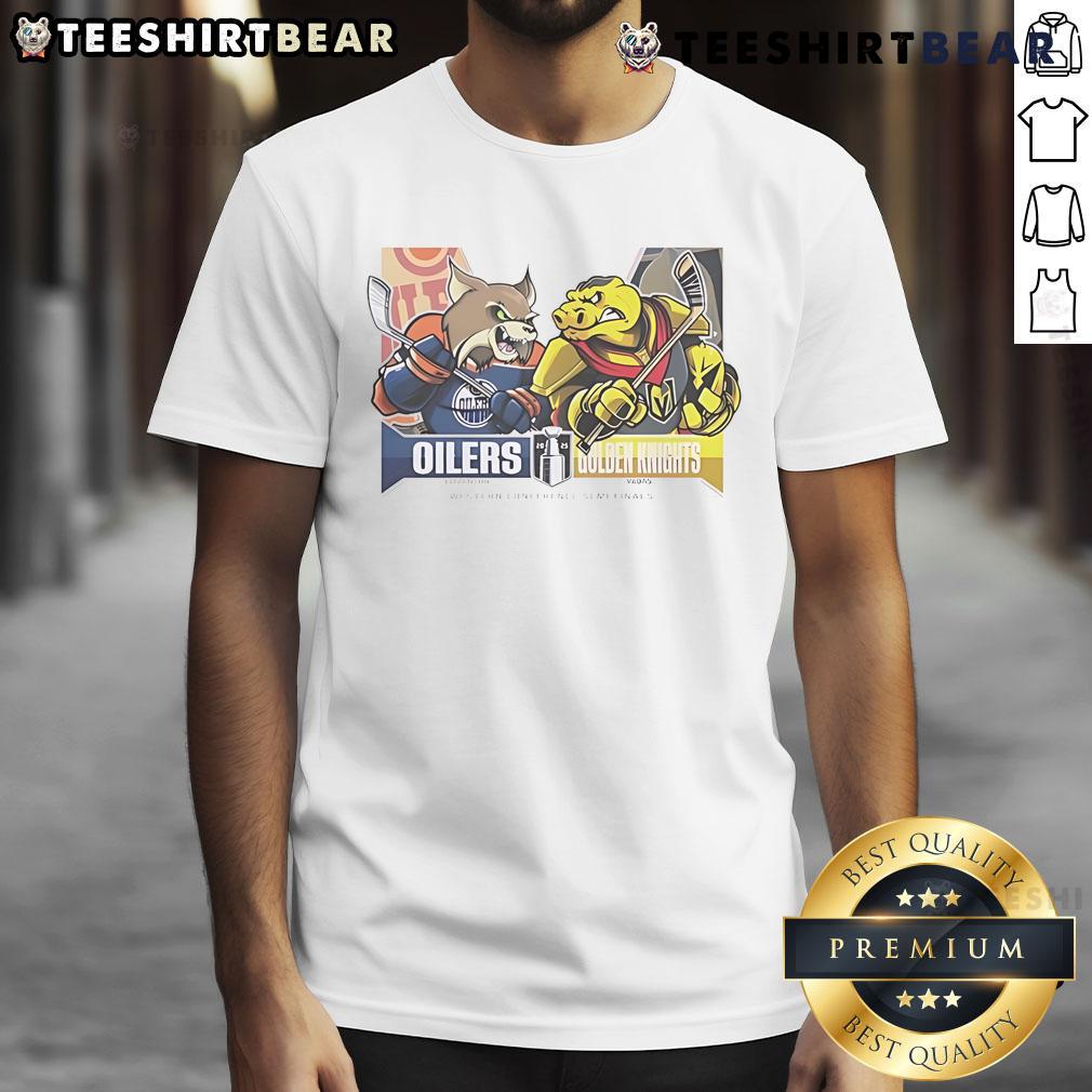 Official Edmonton Oilers vs Vegas Golden Knights 2025 2nd Round Matchup Western Conference T-Shirt featuring team logos.