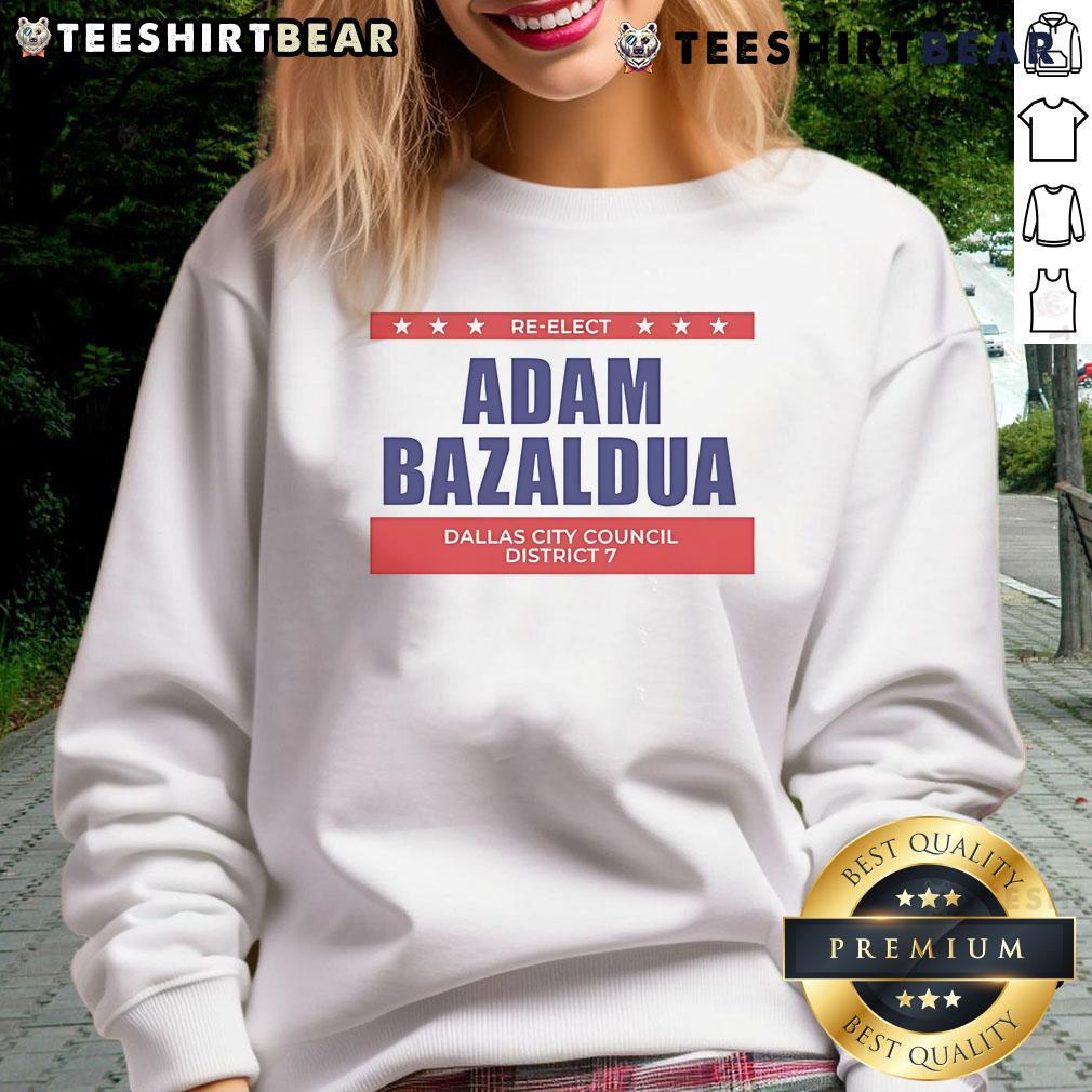 Jasmine Crockett and Adam Bazaldua wearing 'Re-elect Dallas City Council District' sweatshirt, promoting their campaign.