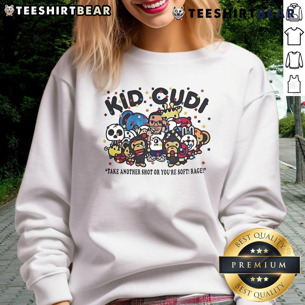 Alt Text: Official Kid Cudi Take Another Shot or You're Soft sweatshirt featuring bold graphic design on a stylish black background.