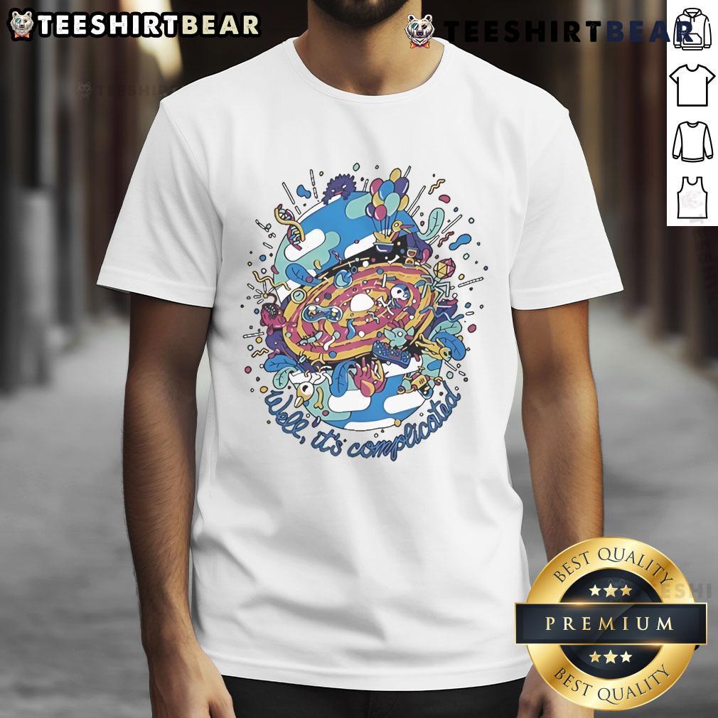 Alt Text: Official Kurzgesagt Well It's Complicated T-Shirt featuring colorful design and unique graphics for science enthusiasts.