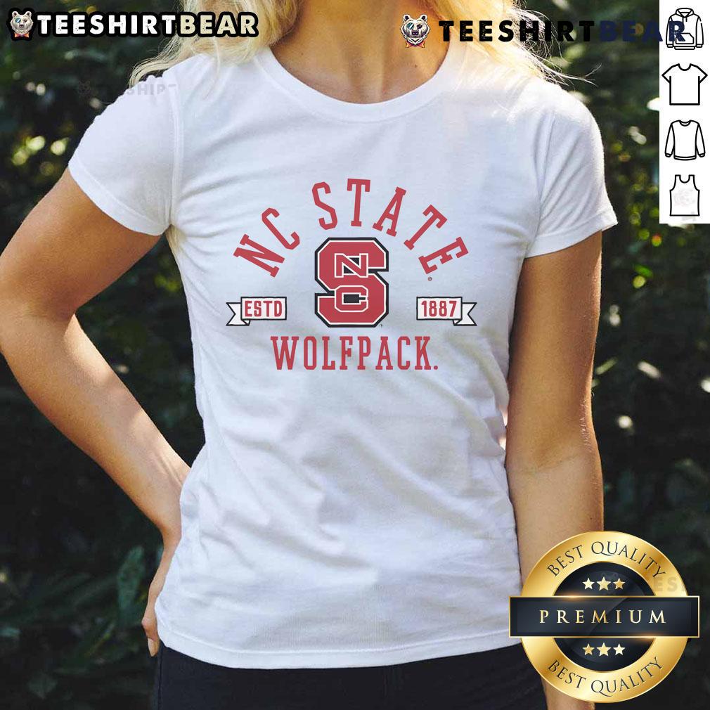 NC State Wolfpack ladies tee, officially established in 1887, featuring the iconic logo and vibrant red color.