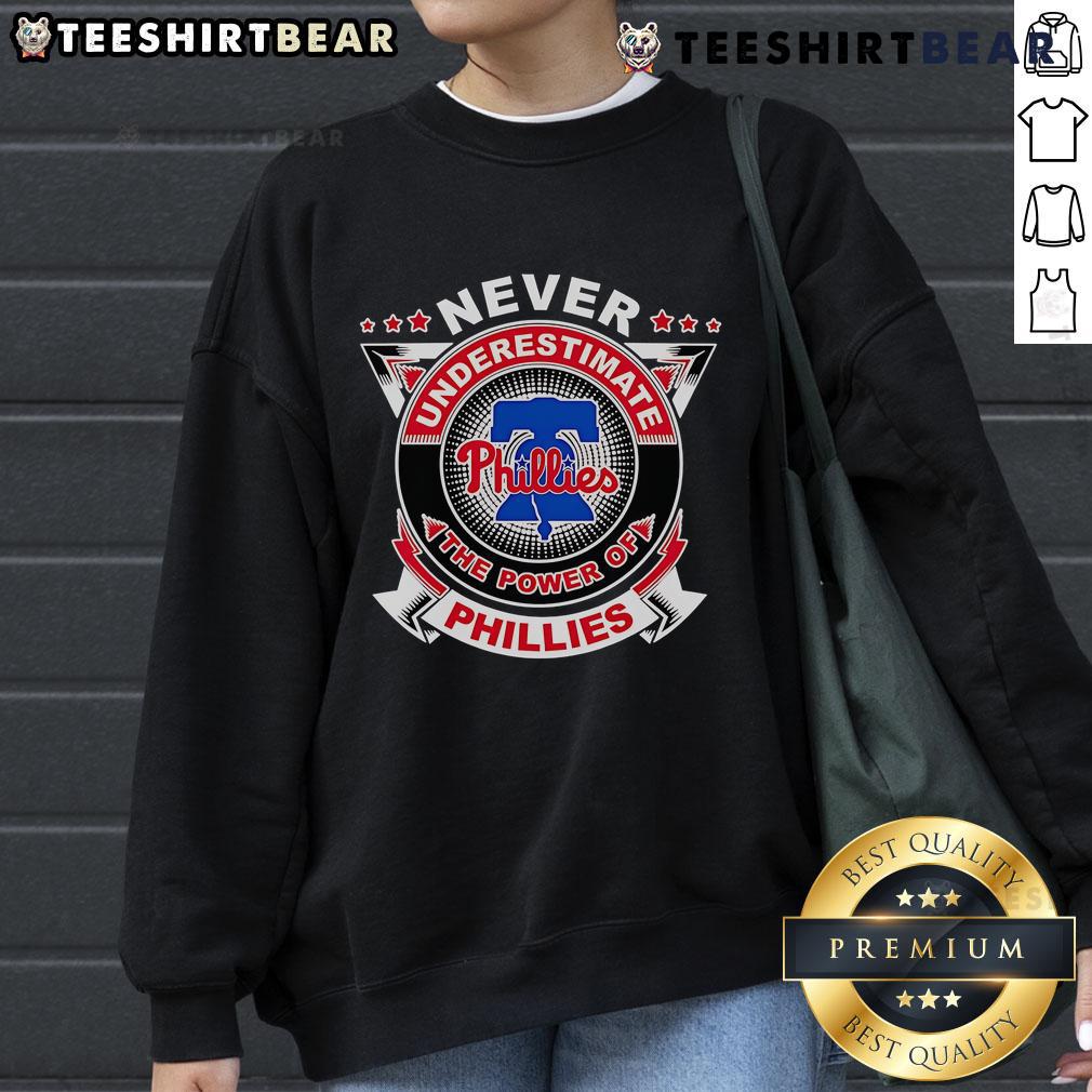 Official Never Underestimate The Power Of Phillies Sweatshirt in red, featuring bold team logo and stylish design.