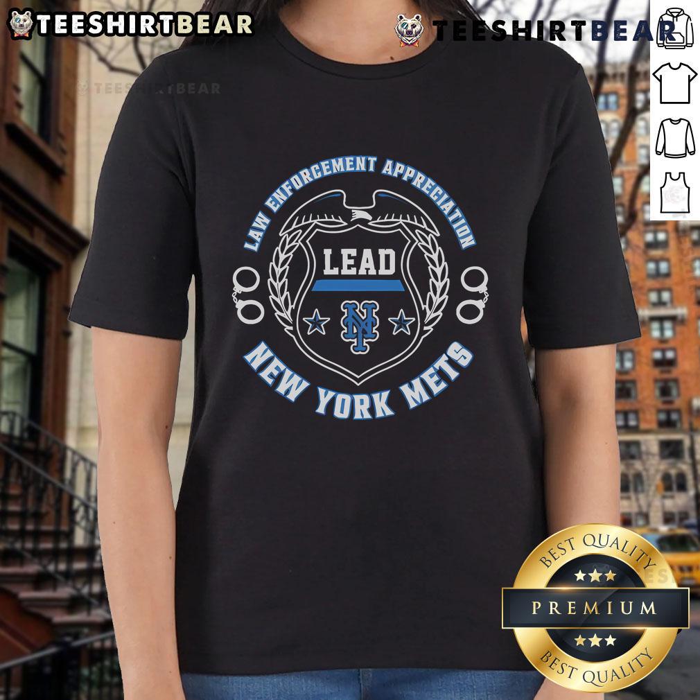 Alt Text: 2025 Official New York Mets Law Enforcement Appreciation Day Ladies Tee featuring team logo and blue design.