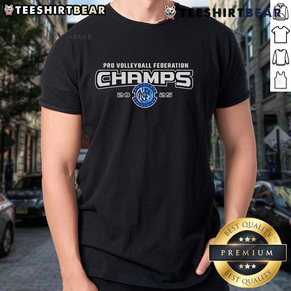 Official Orlando Valkyries 2025 Pro Volleyball Federation Champions T-Shirt featuring team logo and vibrant design.