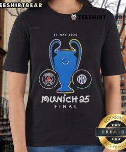 Official Paris Saint-Germain Munich Final 2025 Ladies Tee featuring logo and stylish design for fans.